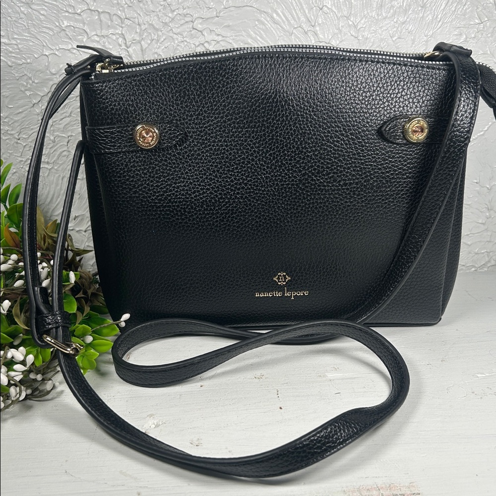 Nanette Lepore Crossbody 3 Compartment Purse Vegan Pebbled Black Leather Bag - Picture 16 of 16
